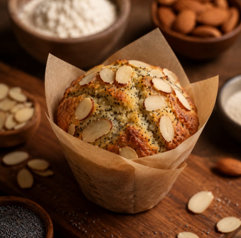 Poppy seed muffin with sliced almonds in a paper liner, surrounded by baking ingredients.