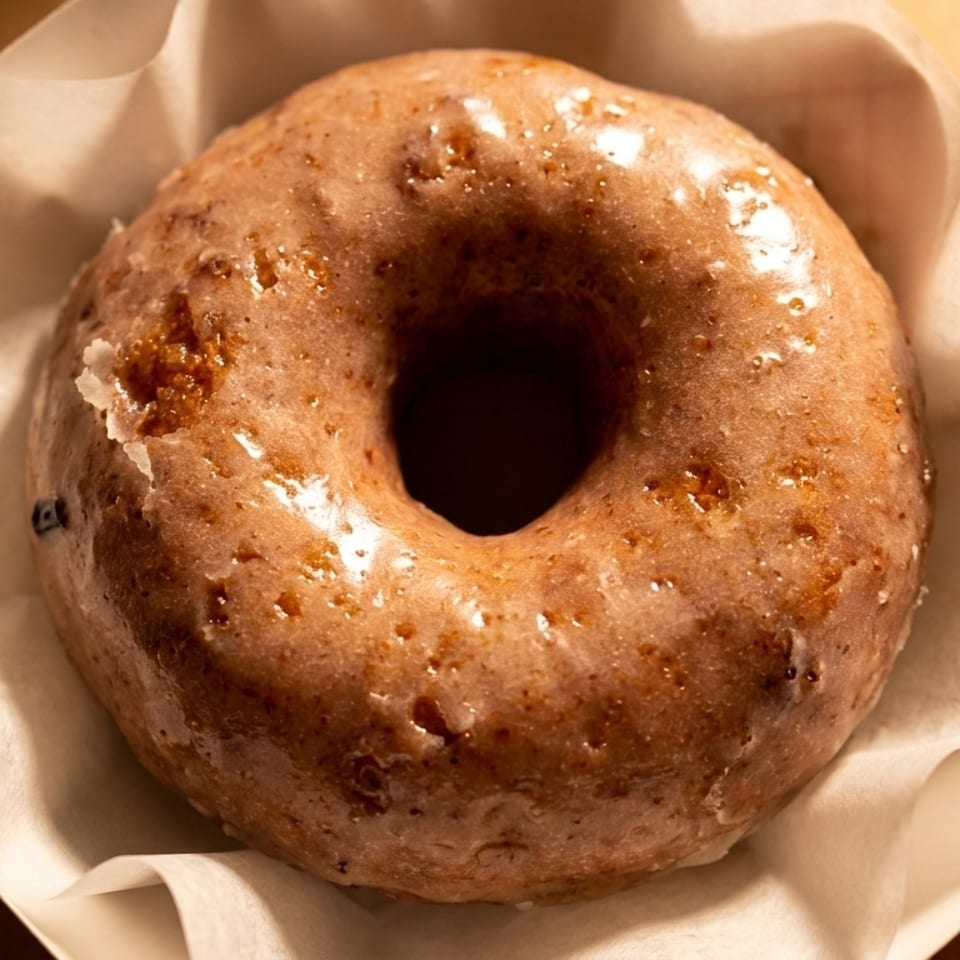 A single glazed donut with a shiny, light brown coating sits in a white paper liner.