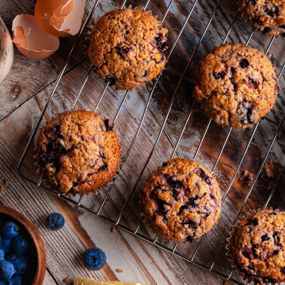 Freshly baked blueberry muffins on a cooling rack, with ingredients like flour, blueberries, and butter.