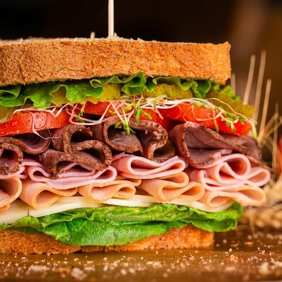 A large, deli-style sandwich with multiple layers of meat, cheese, and fresh vegetables.