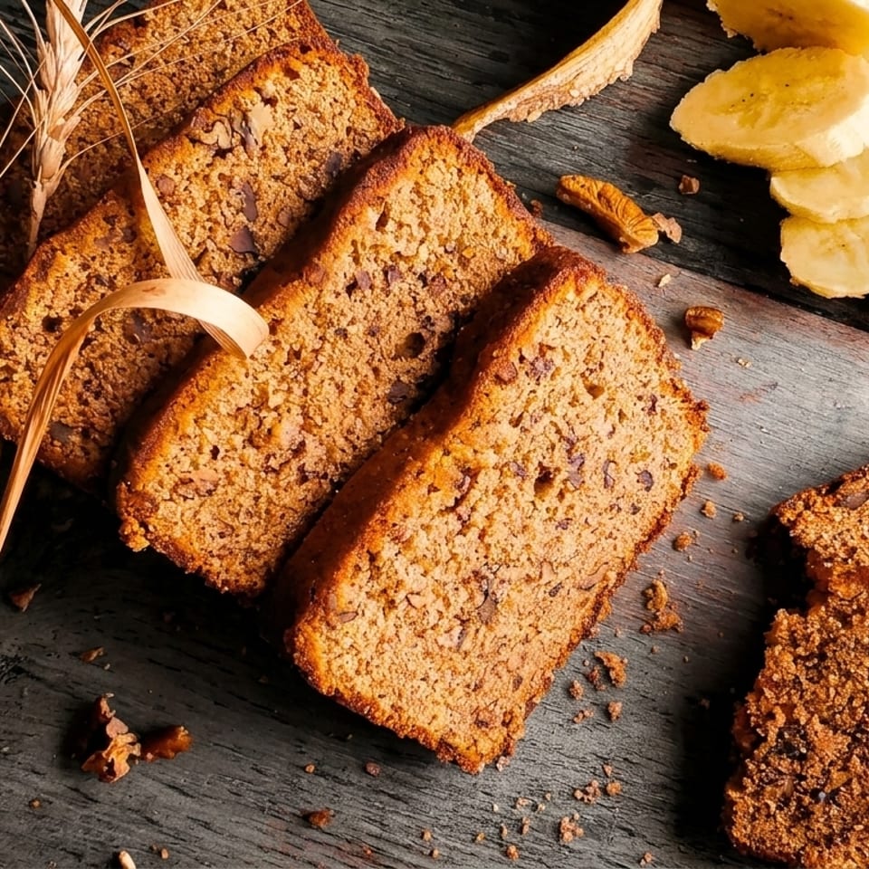 Slices of banana bread with walnuts, fresh banana, and wheat stalks on a rustic wooden surface.