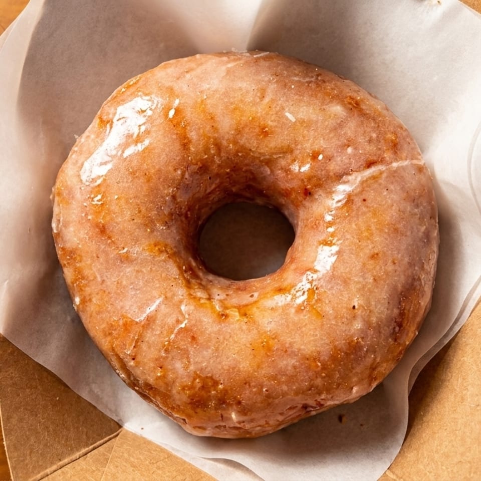 A single glazed donut sits in a brown paper liner inside a clear plastic container.