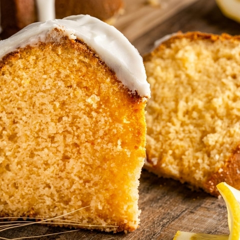 Two slices of lemon pound cake with white icing, next to lemon wedges and wheat stalks.